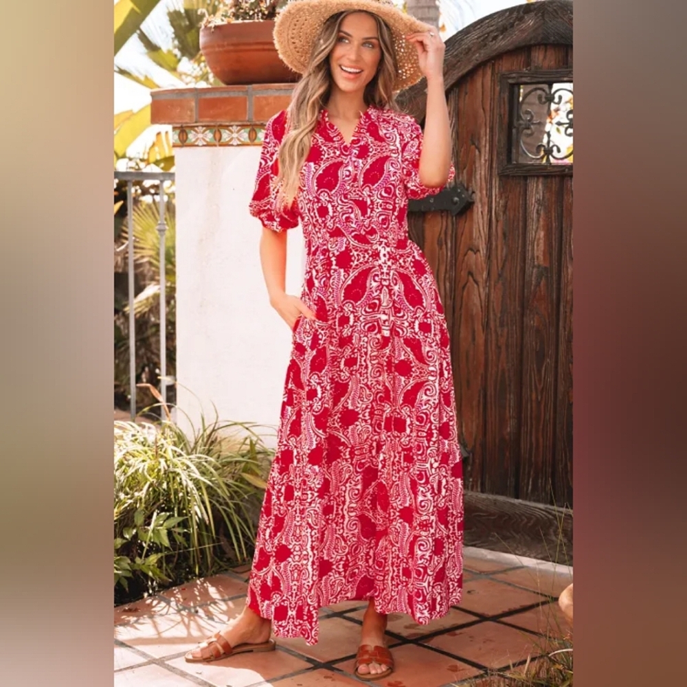 Elegant Red Paisley Maxi Dress